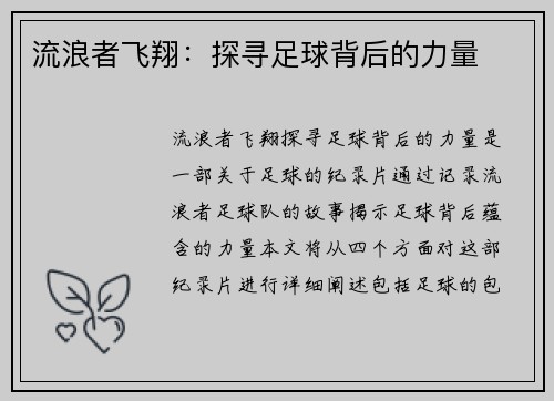 流浪者飞翔：探寻足球背后的力量